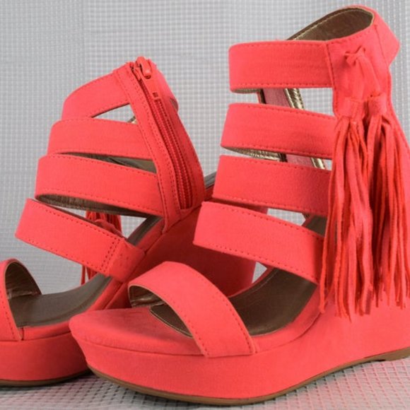 Platform Wedge Sandals Peachy Pink Zipper Tassels - Picture 4 of 8